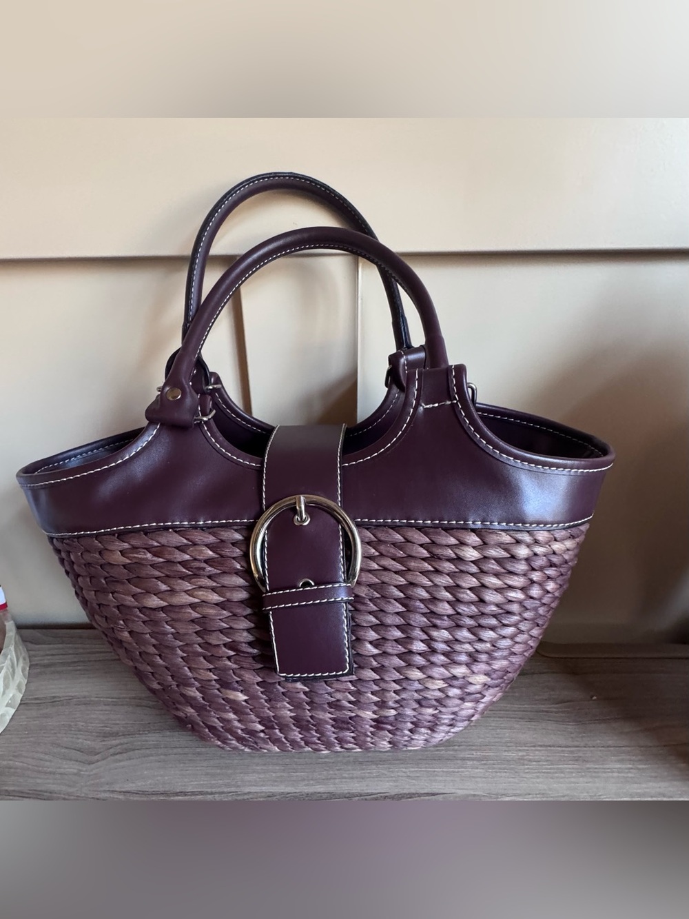 Handbag Wicker Straw :leather Purse Brown/Plum color